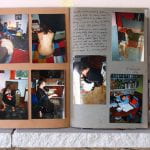 Open scrap book of photos of women in ill health, clothed and unclothed, resting, tending to herself, using the bathroom. Hand written text