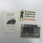 Three postcards, one satirical of a monkey titled 'Jubilee Chimp', one war propaganda, one artists image including policemen