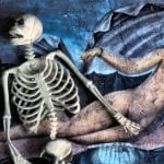 Photograph of model plastic skeleton placed over a reproduction of a painting of a nude Venus