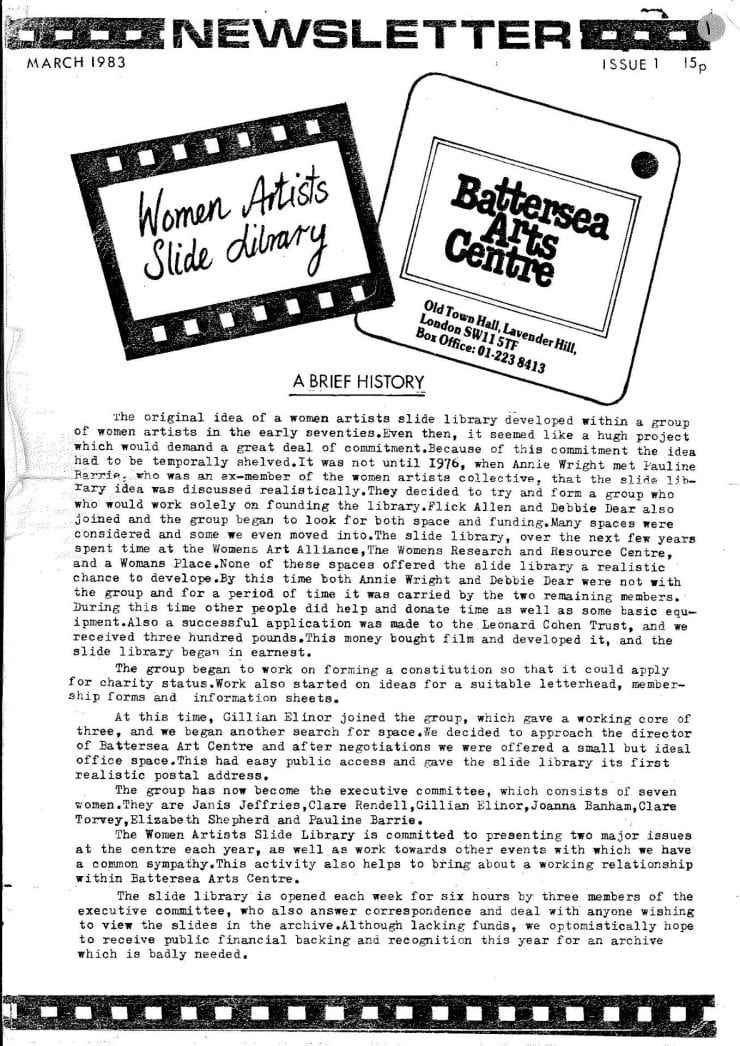 A black and white photocopy of the Women Artist's Slide Library Journal, published 1983