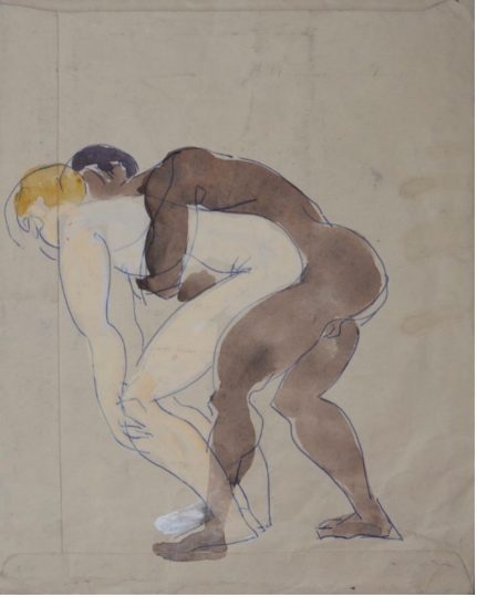 A white, blonde man is lying prone on a bed, kissing a black, dark-haired man who is penetrating him