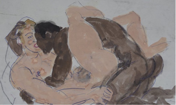  A white, blonde man is lying prone on a bed, kissing a black, dark-haired man who is penetrating him