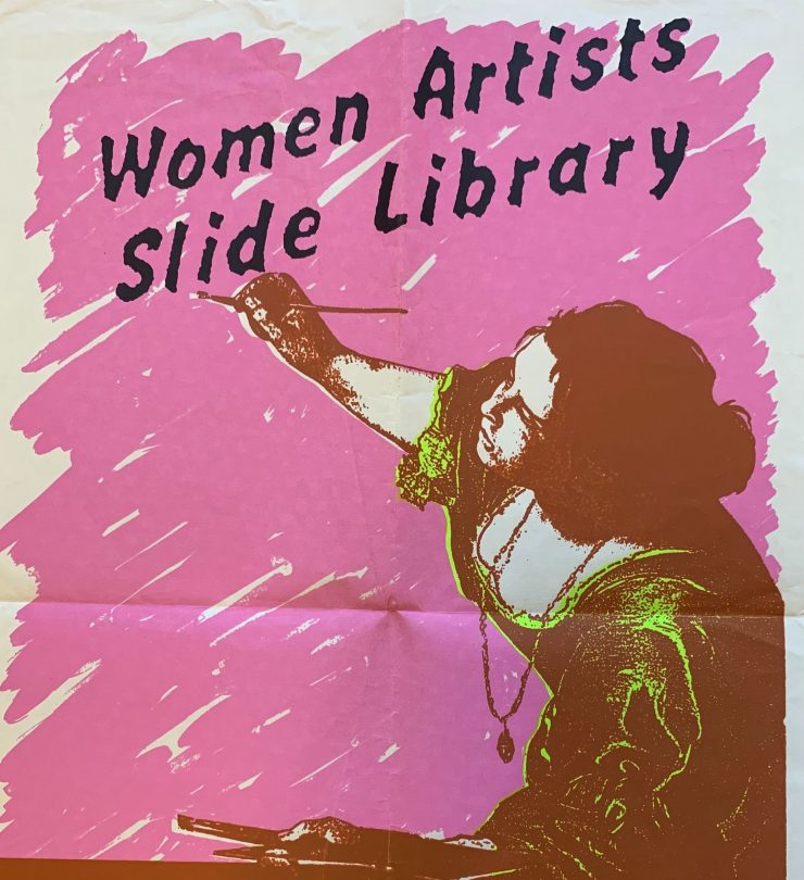 Illustration of a white woman with dark hair using a paint brush to write the words Women Artists Slide Library.