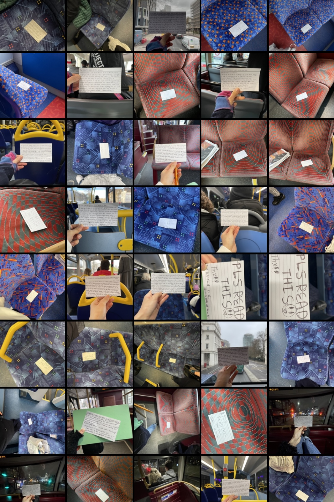  Many photos of a flash card on various bus seats.