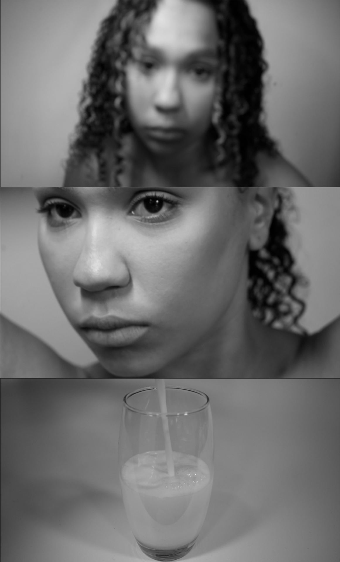 3 greyscale photos in a vertical line: a blurred face, an in focus dace, and a glass being filled with liquid.