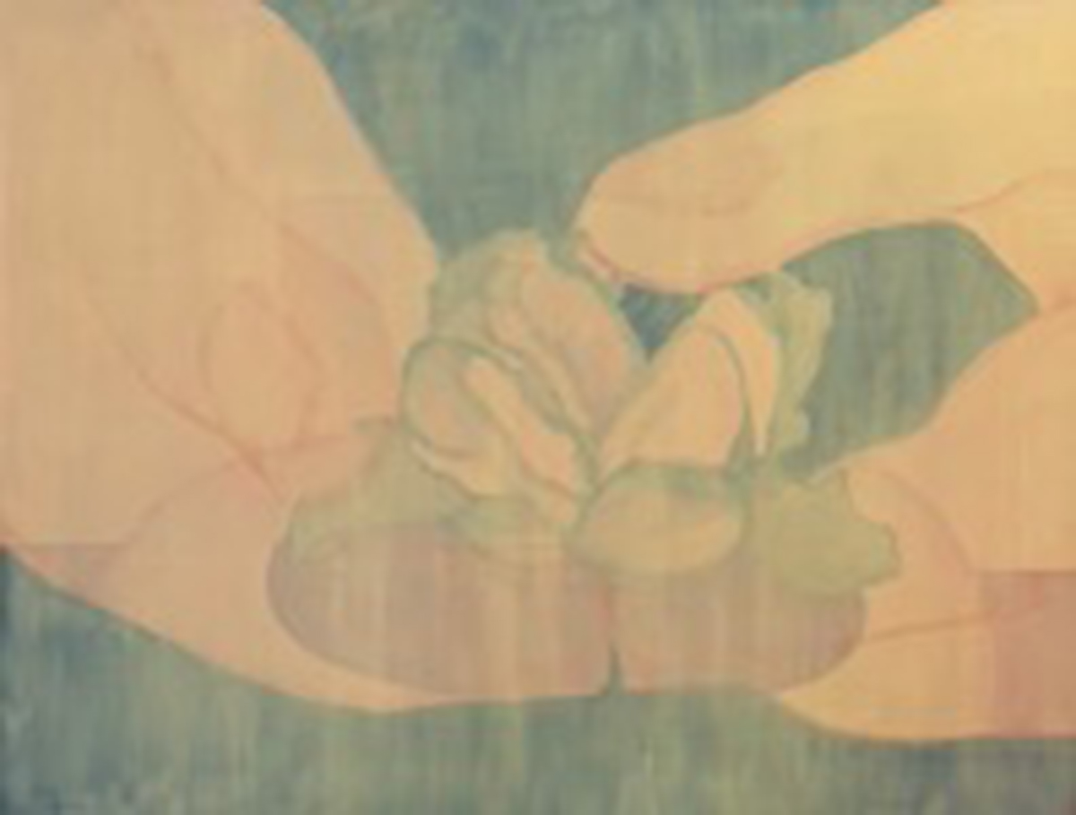 An oil painting of two hands touching against a deep green background.