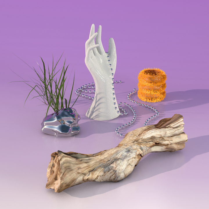A digital image of several objects including wood, grass, a porcelain hand and some silver beads against a purple background.