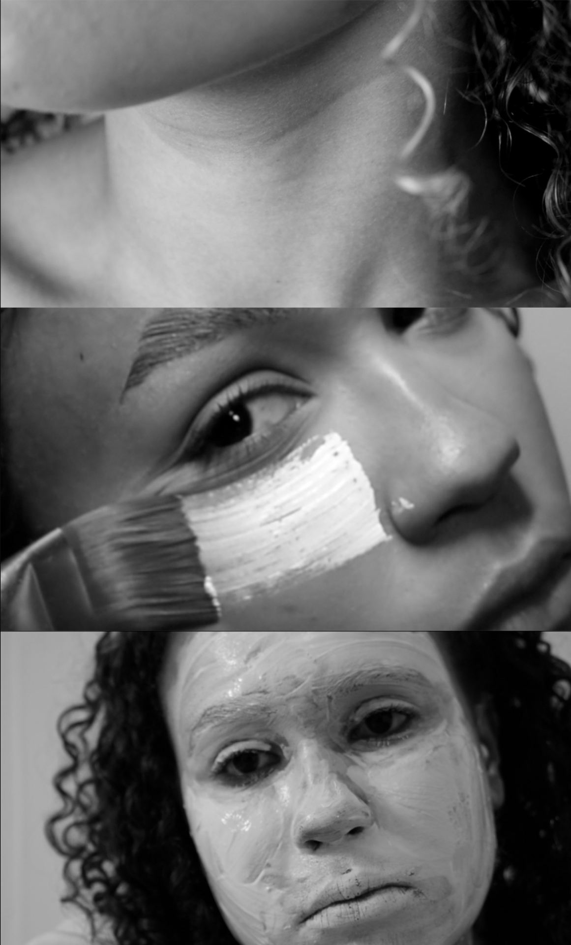 3 greyscale photos in a vertical line: a close up of a neck, a person painting a white line under their right eye, and a person's whole face painted white.