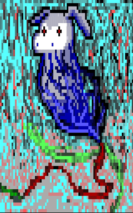 The pixellated image shows a blue, parrot-like figure sitting on a green branch, against a turquoise background. An interactive multilinear story of the reader being transported to a digital, pixelated realm