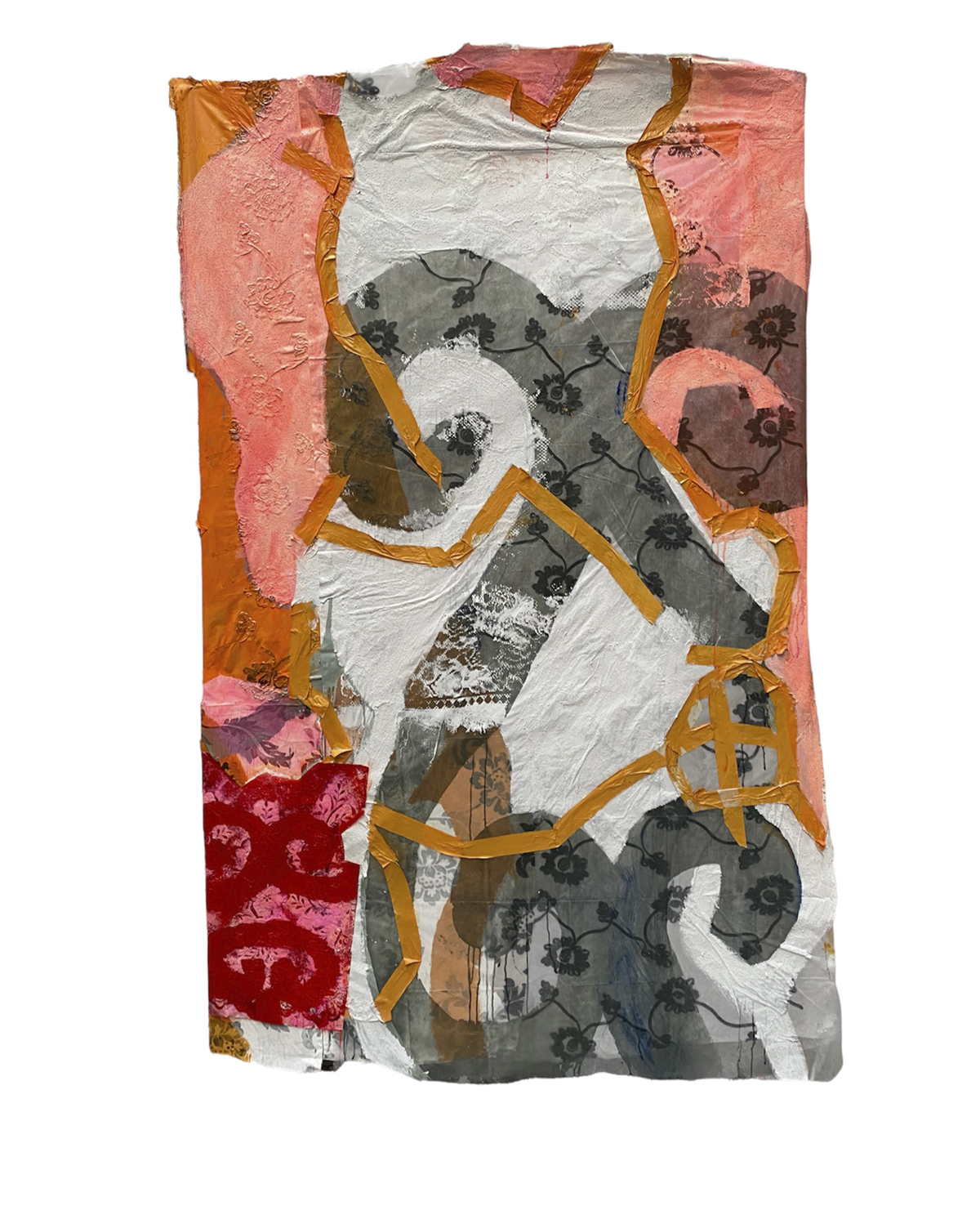 A n abstract collage in a Fleur-de-lys pattern.