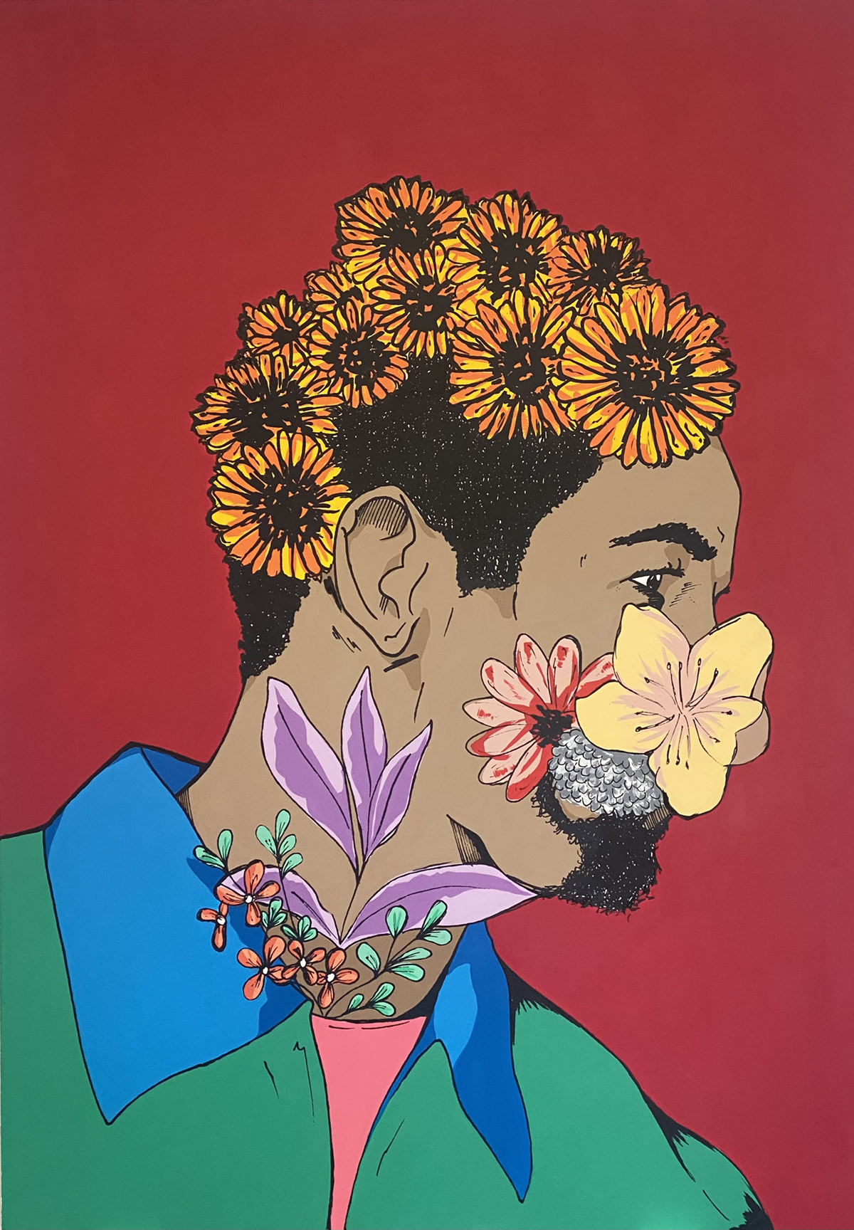 Red background with a man with flowers over his face, by Cherry Aribisala.