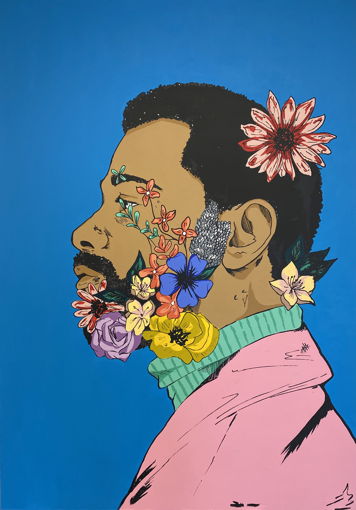 Blue background, with a man with flowers on his face in the foreground, by Cherry Aribisala.