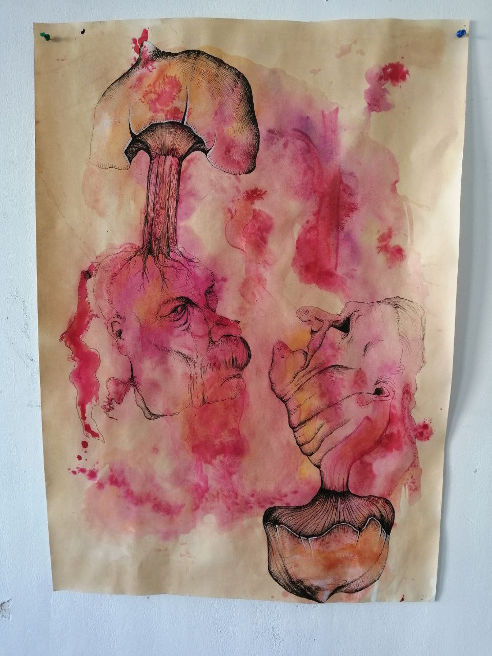 An abstract watercolour drawing on paper.