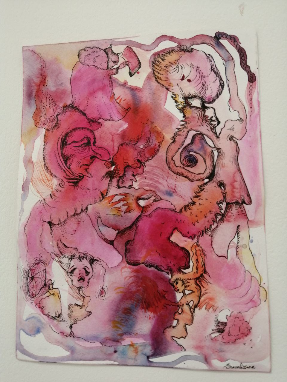 An abstract watercolour drawing on paper.