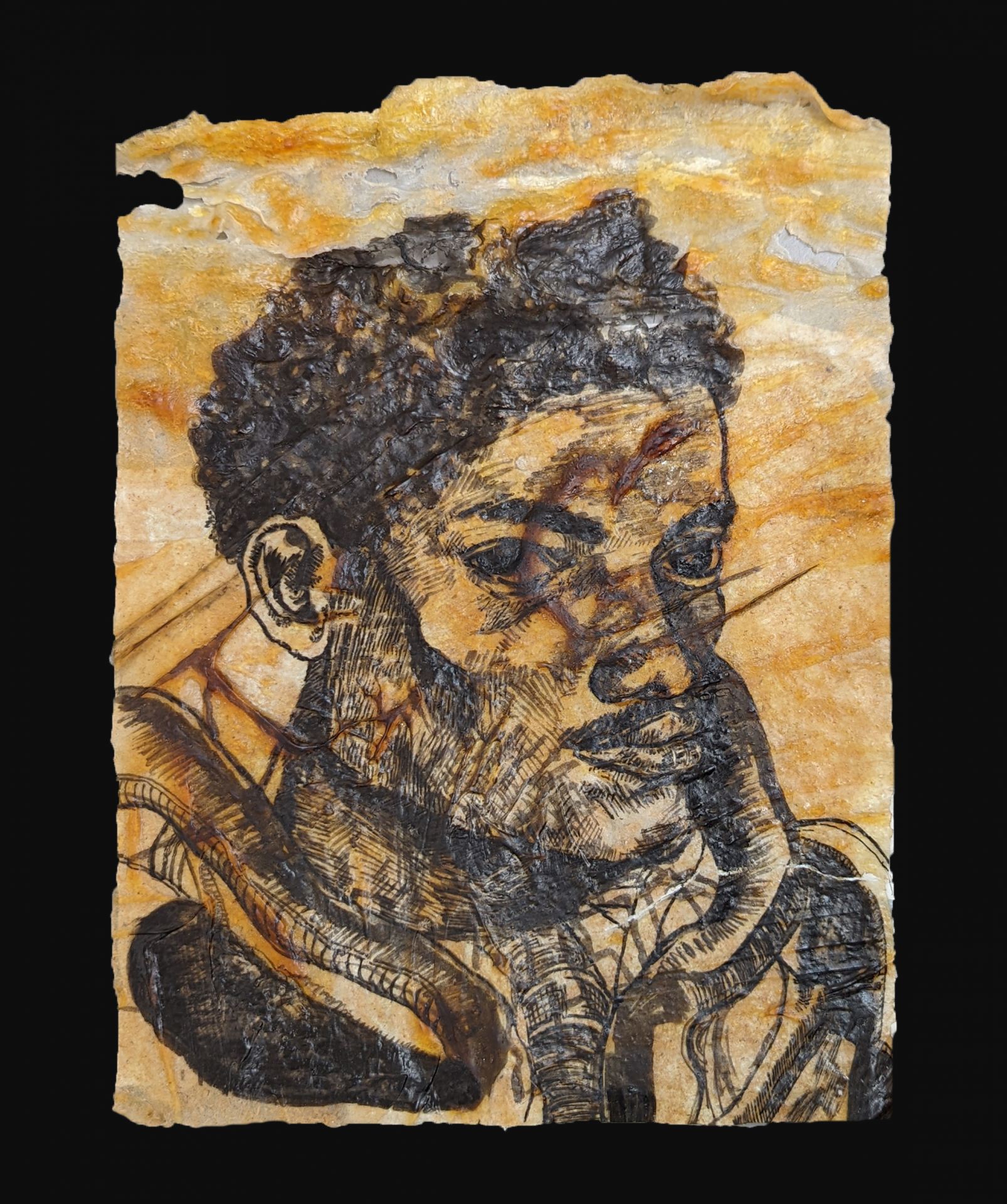Portrait drawn in black ink on yellow latex of a man with a snake around his neck.