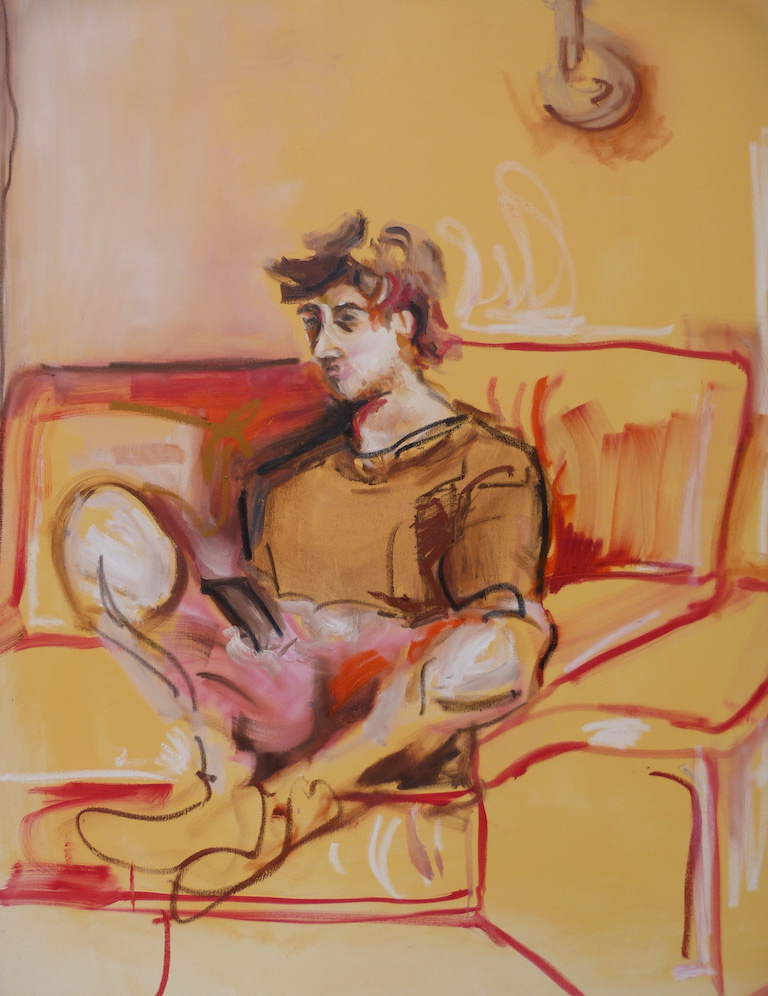 An oil painting of a man sitting on a sofa.