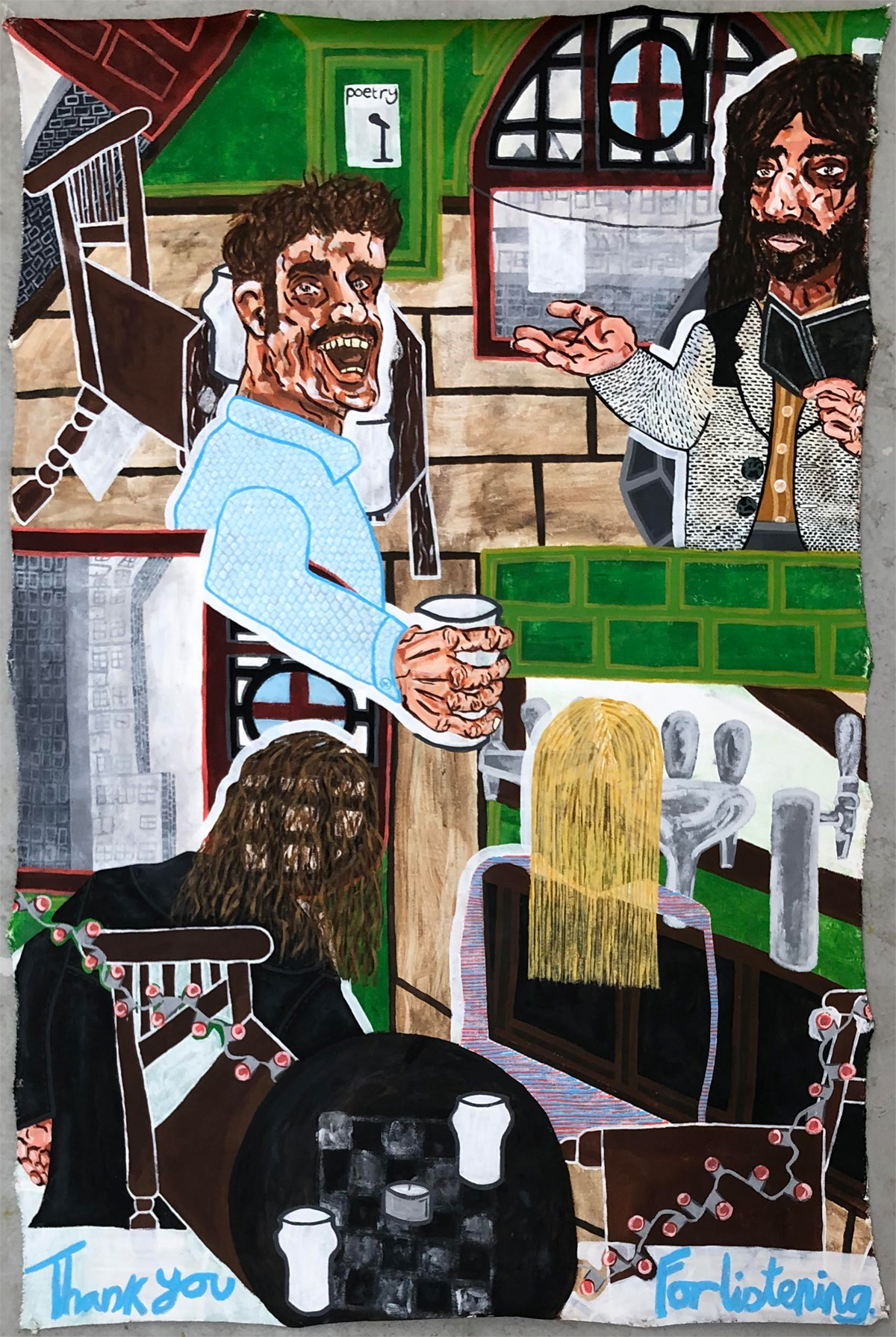 A colourful painting of a pub, with two figures facing the audience in the top half of the image, and two sitting at the bar in the bottom half, with their backs to the viewer.