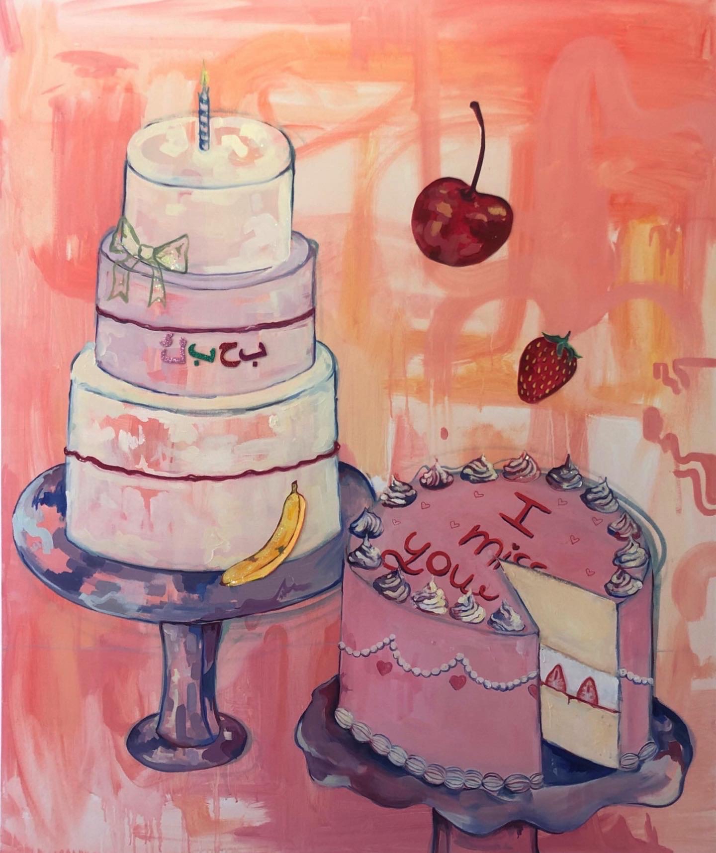 A painting of two pink cakes against an orange background.