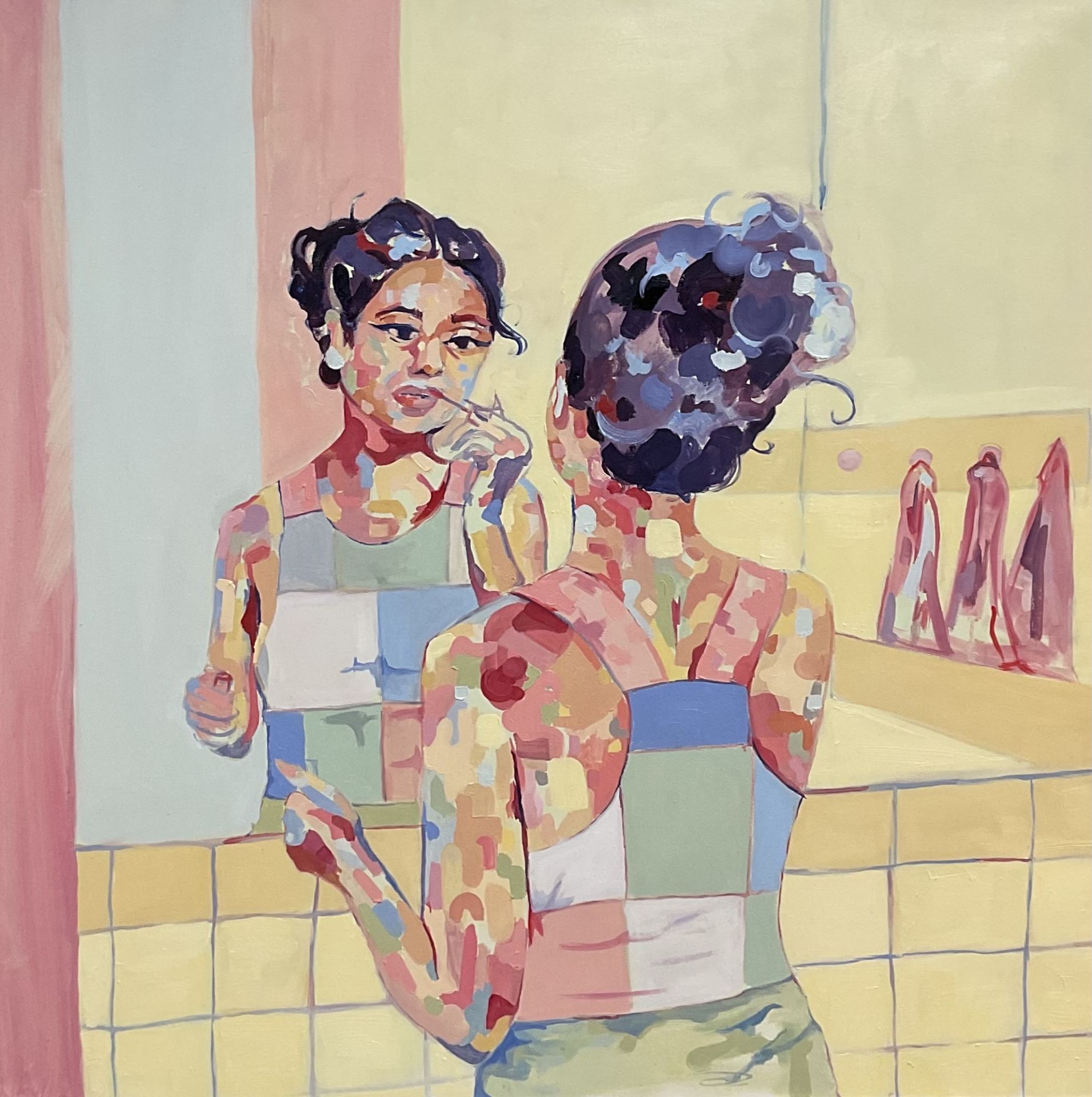 A painting of a woman applying lip-gloss in a mirror.