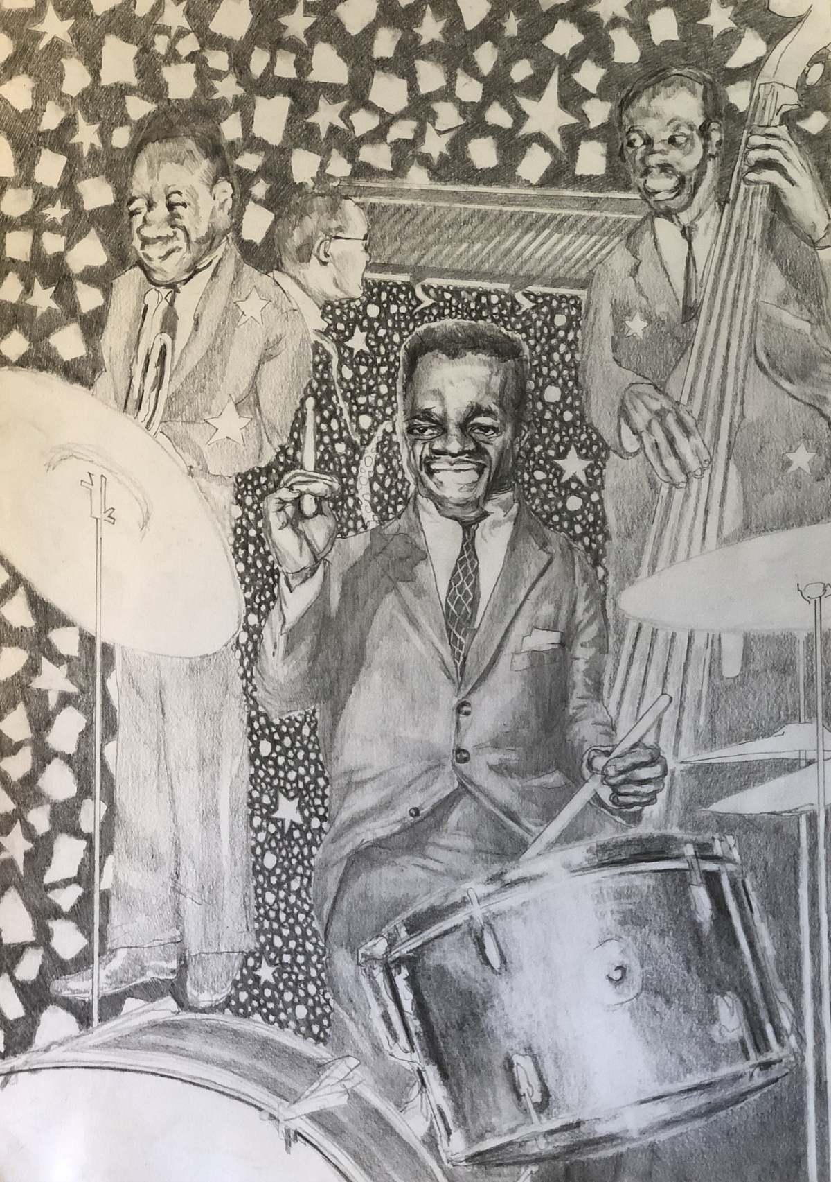 A pencil drawing on paper of four men playing instruments against a starry background.