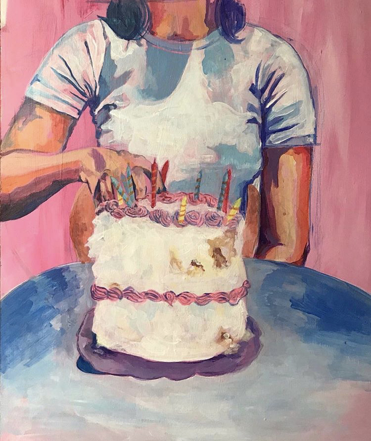 A painting of a person touching a birthday cake against a pink background.