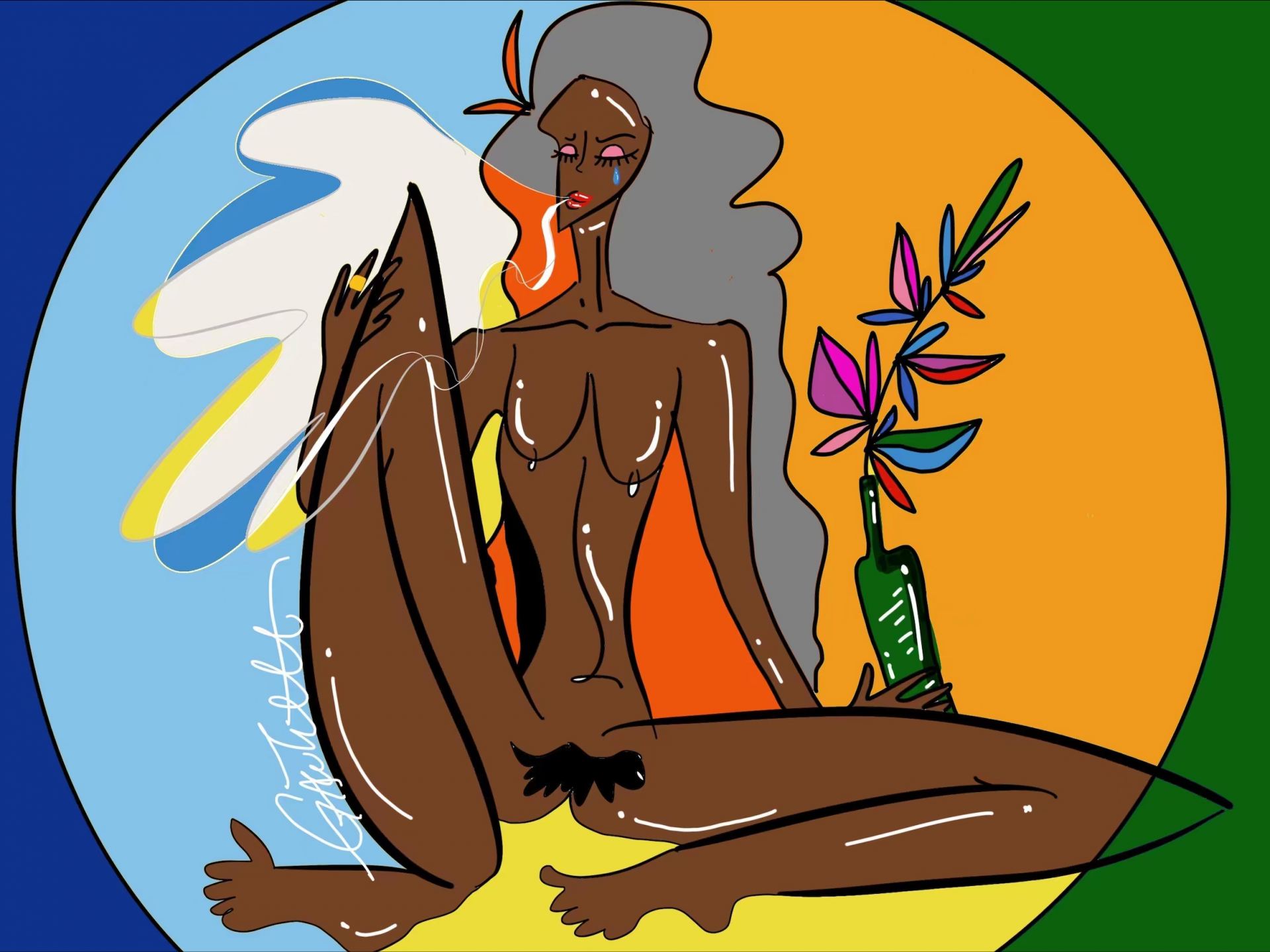A digital painting of a nude female figure, smoking.