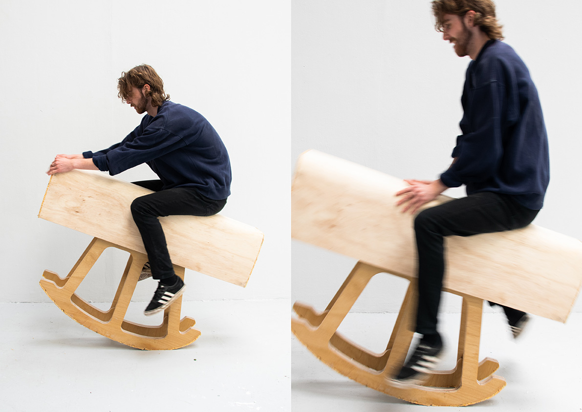 Two images of a person rocking on a wooden rocking-horse-like object.