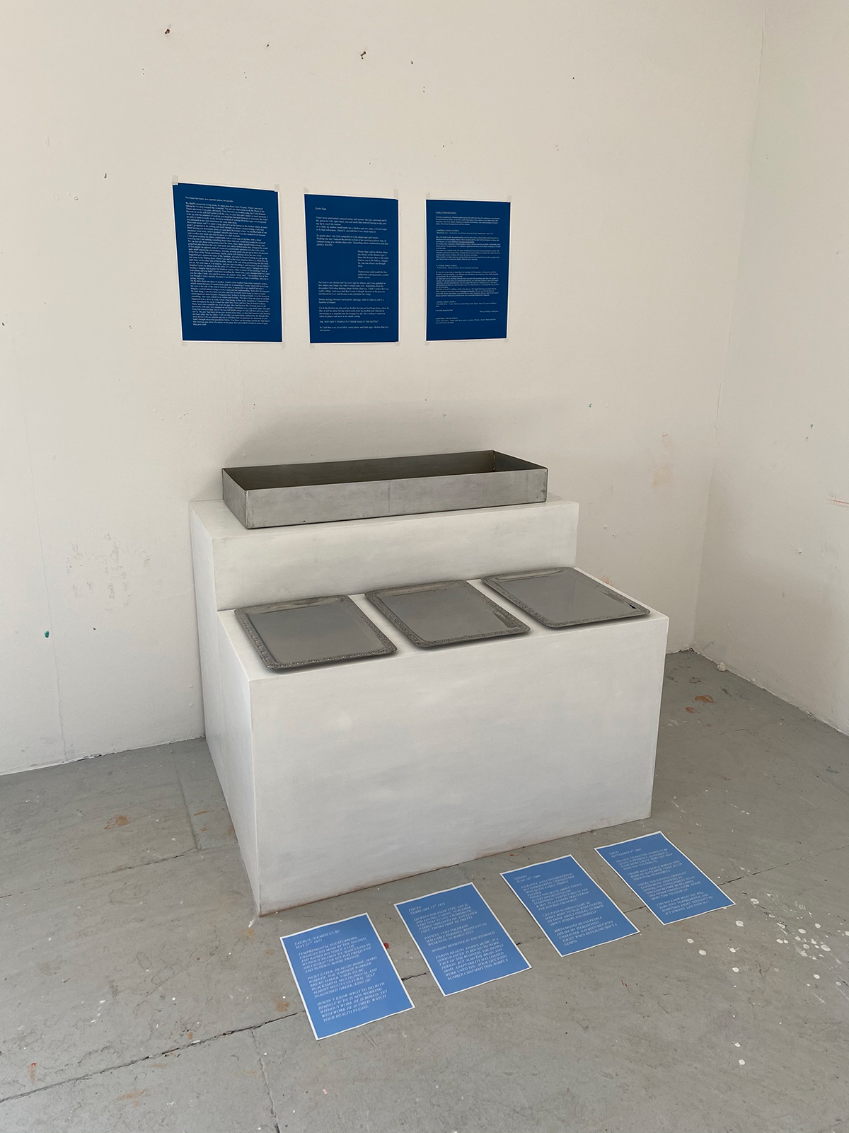3 A3 pages of blue text hand on the wall, and 4 A4 pages of blue text lay on the floor of a room. There are 4 metal trays on a table in between them.