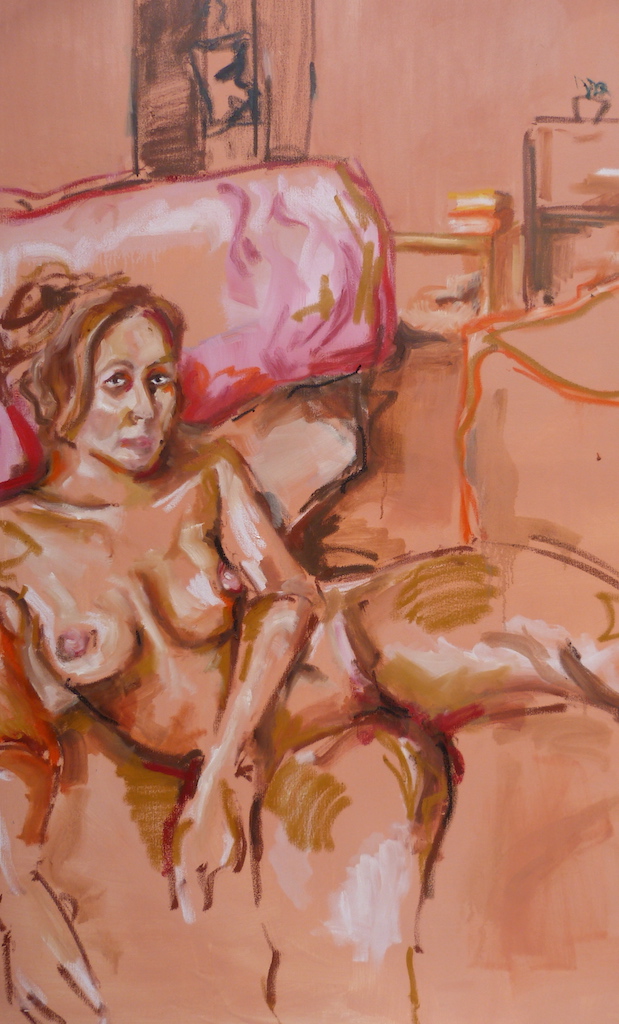 An oil painting of a reclining nude woman.