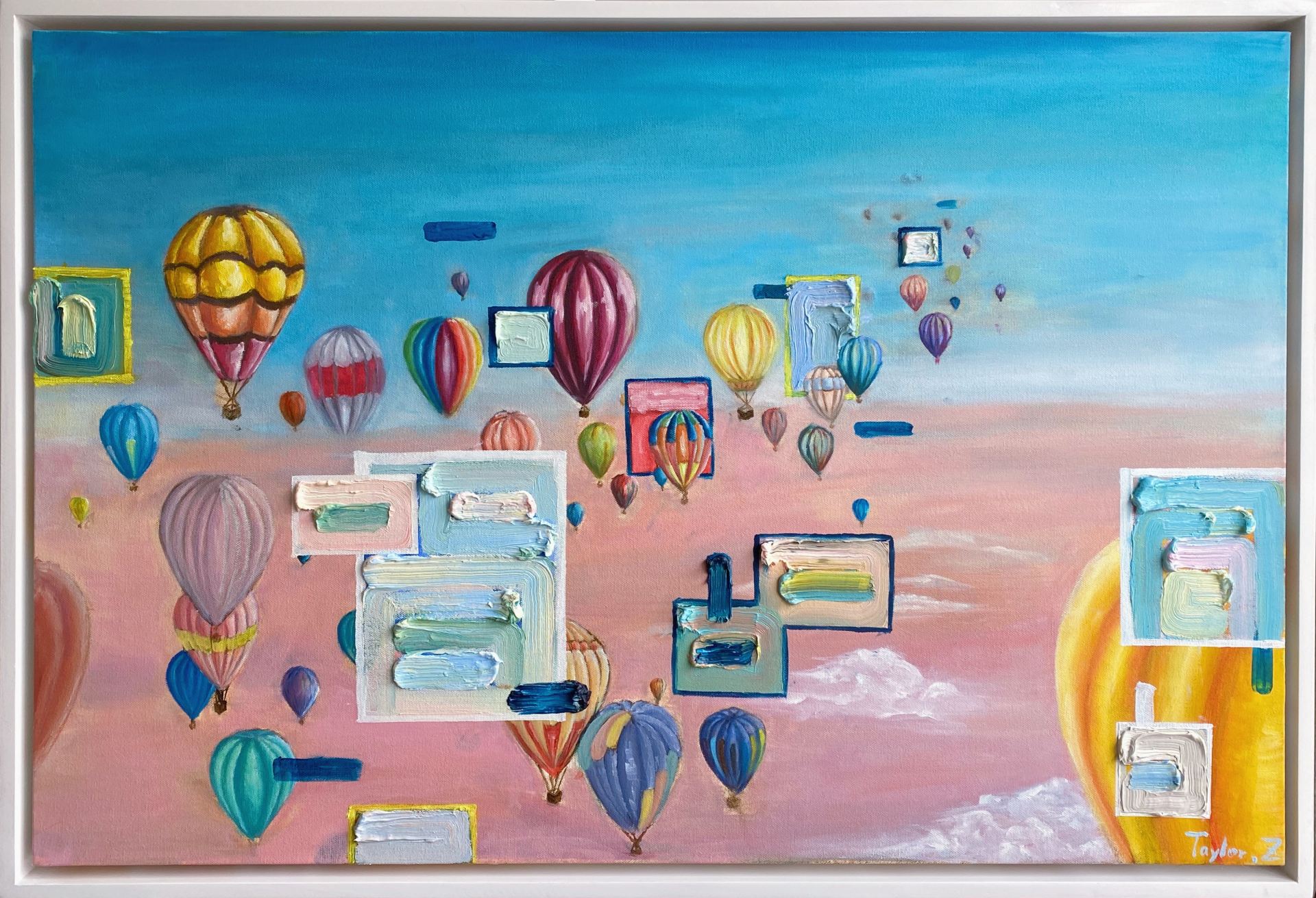An oil painting of some hot-air balloons against a pink and blue sky.
