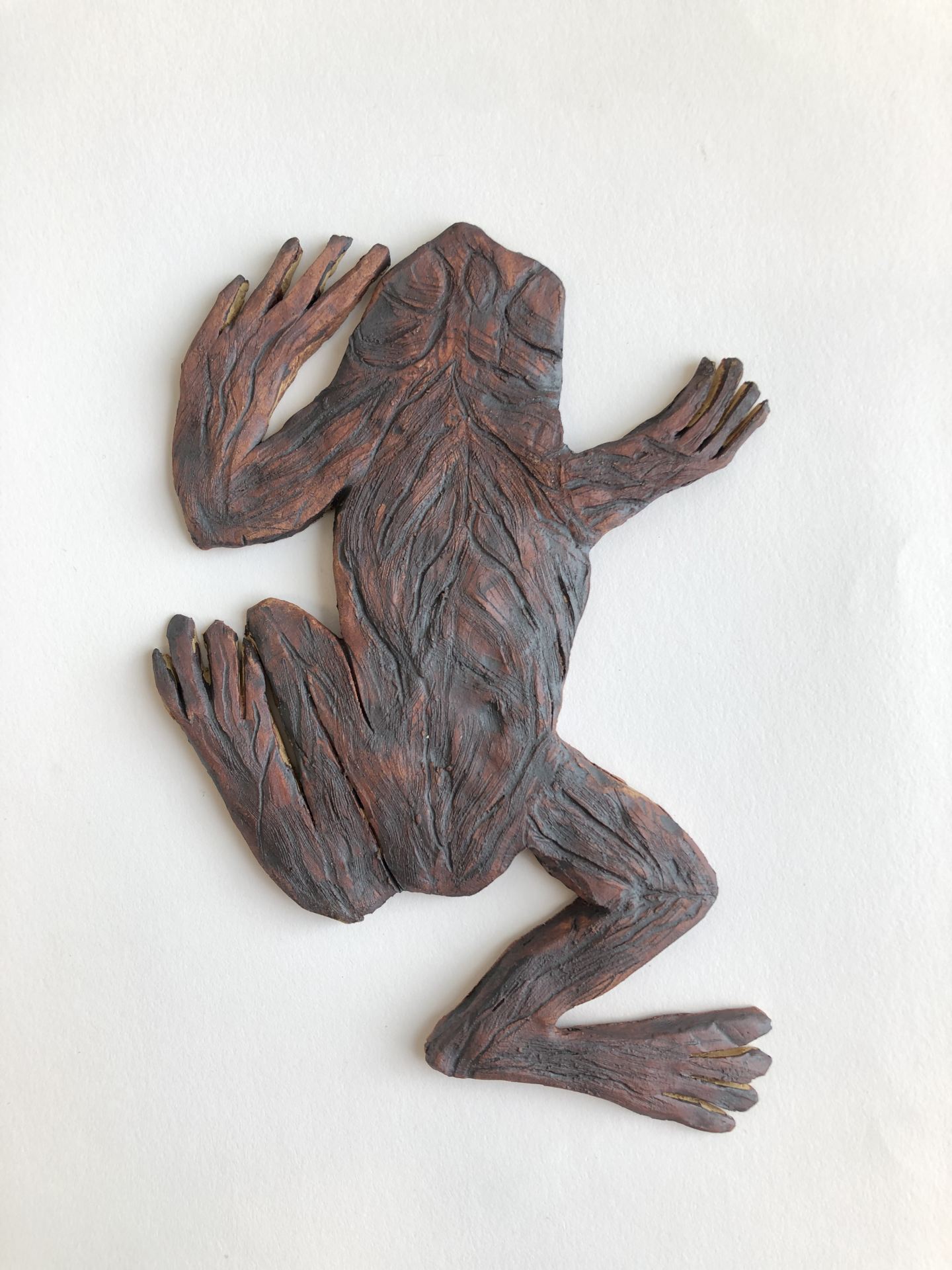A brown  ceramic frog hangs on a wall.
