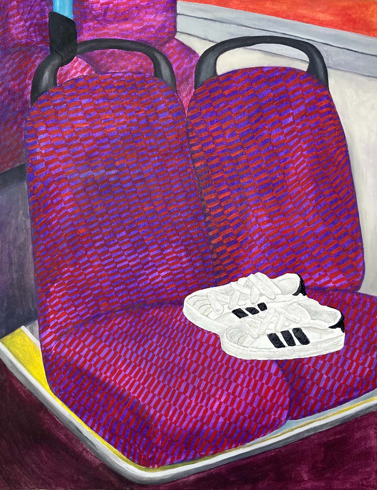 A painting of some trainers left on a London Bus seat.
