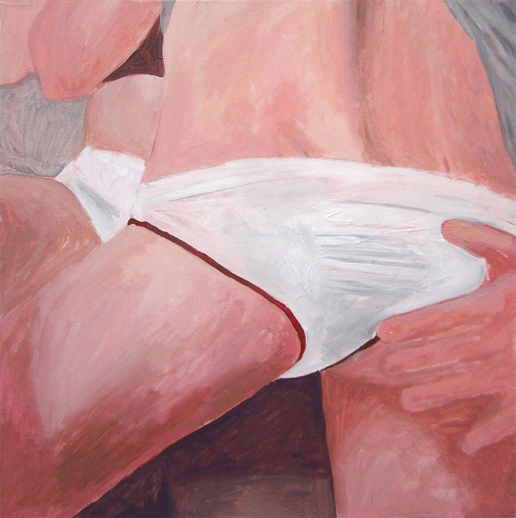 A painting of a close-up section of two people in their pants.
