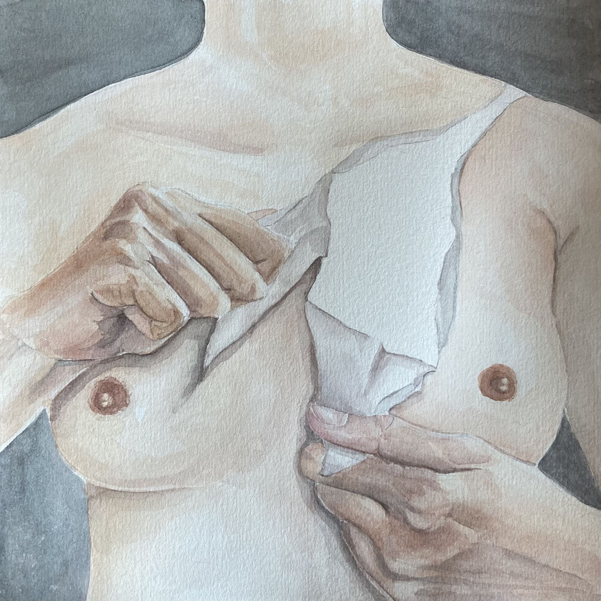 a watercolour painting of a woman's chest, with the skin being ripped diagonally down from her left shoulder, which looks like tearing paper.