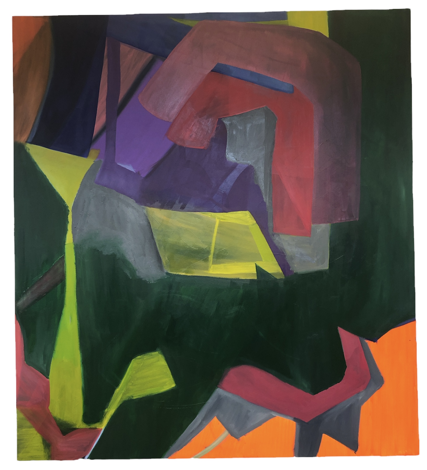 A colourful painting of abstract, Cubist shapes.