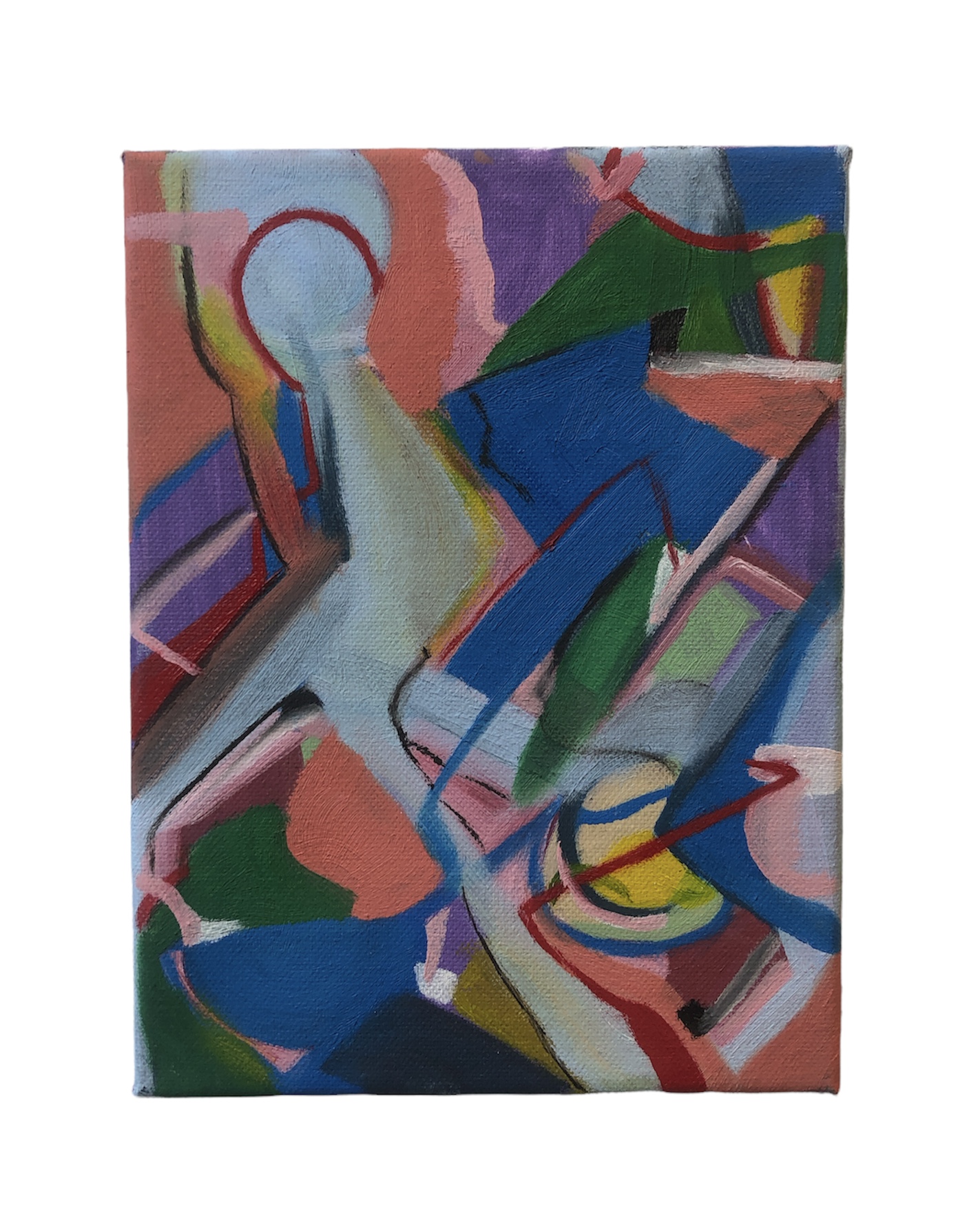 A colourful painting of abstract, Fututist shapes.
