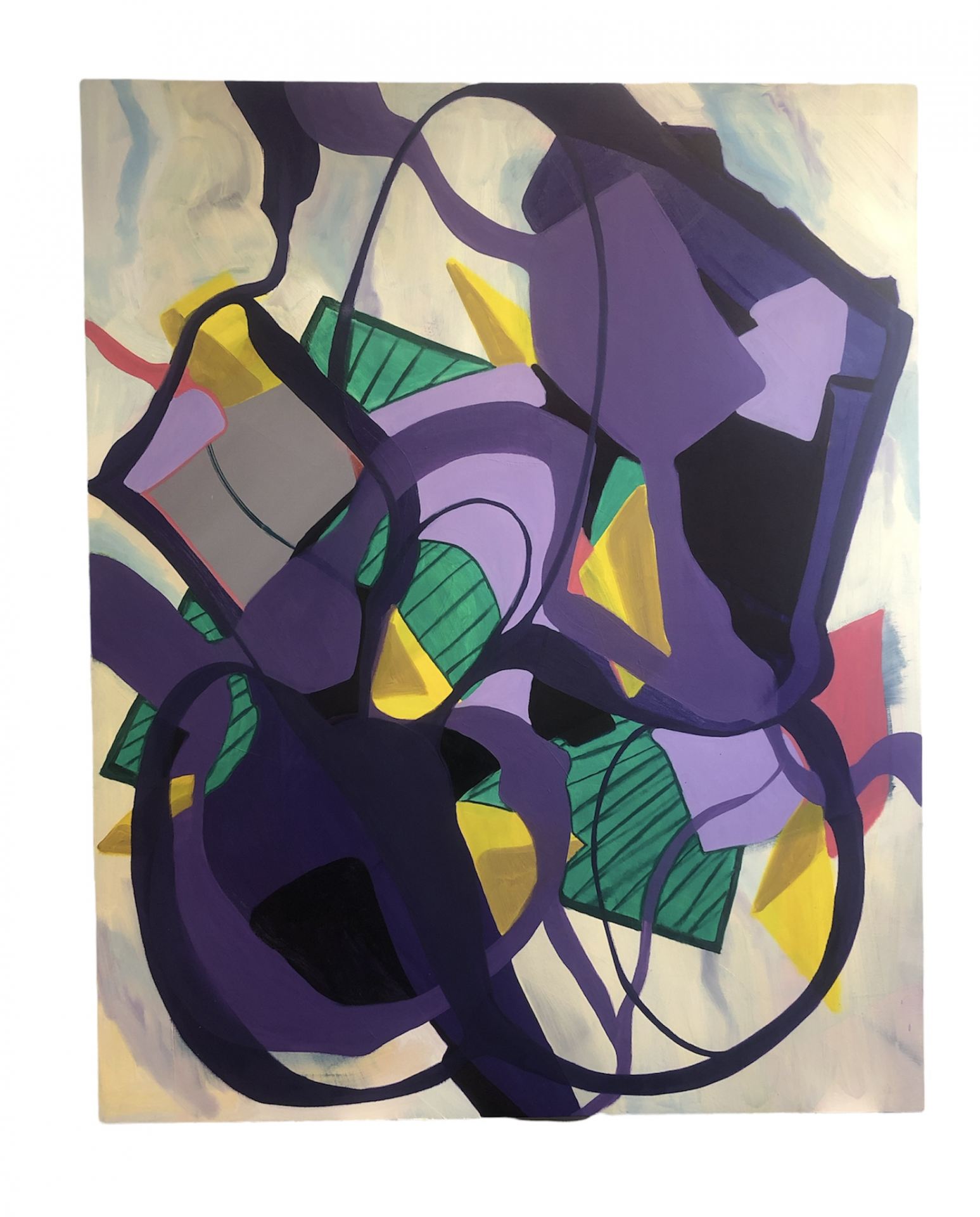 A colourful painting of abstract, curvalinear shapes.