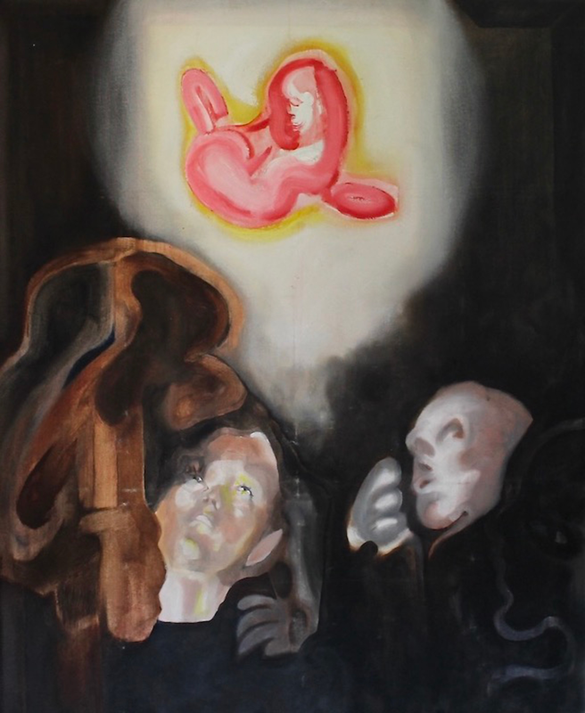 A painting of two figures gazing up at an embryo in a spotlight.
