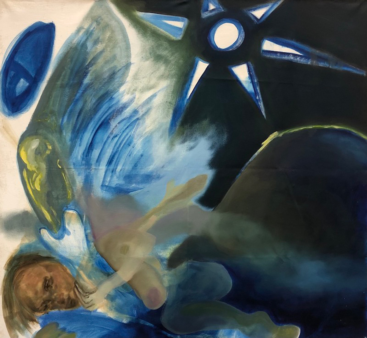 An abstract painting of a figure and a blue star.