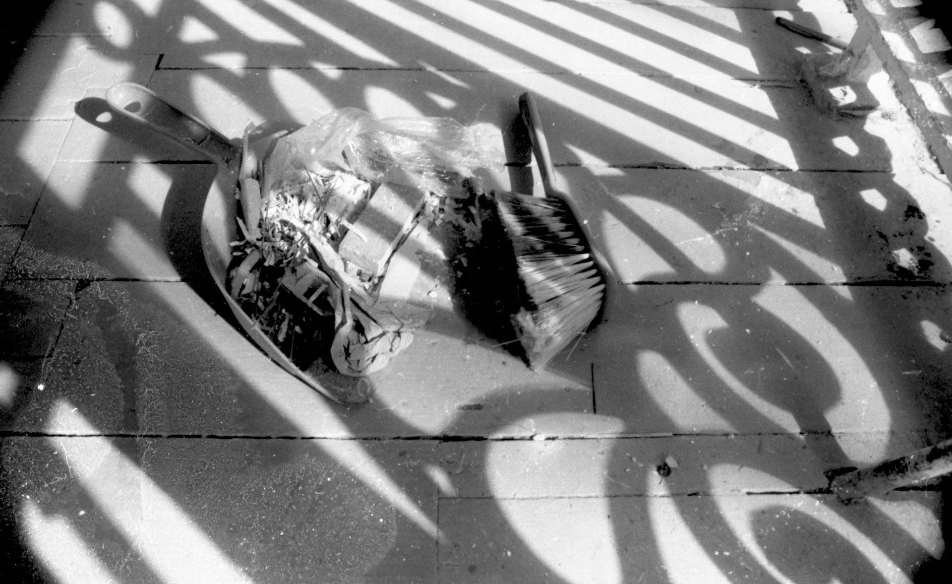 A black and white photograph of a dustpan and brush.