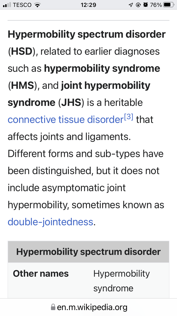 A screenshot of the definition of joint hyper mobility syndrome.