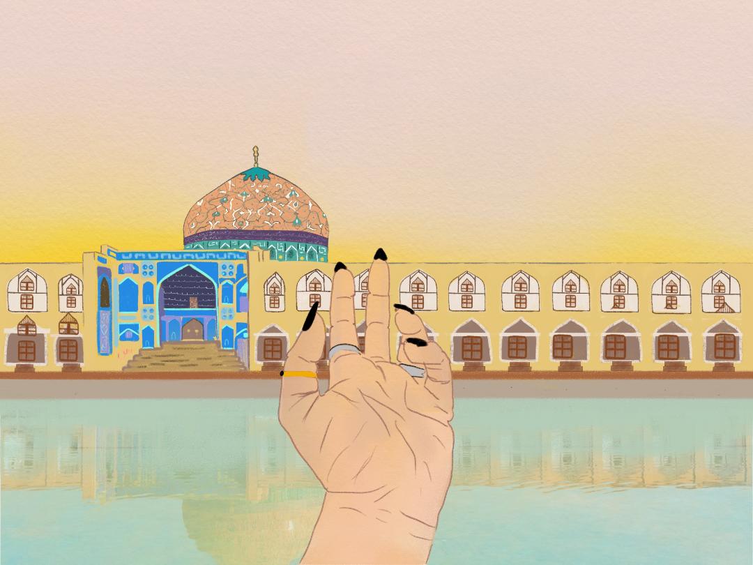 A cartoon illustration of a ringed hand outstretched towards a domed building across a body of water.
