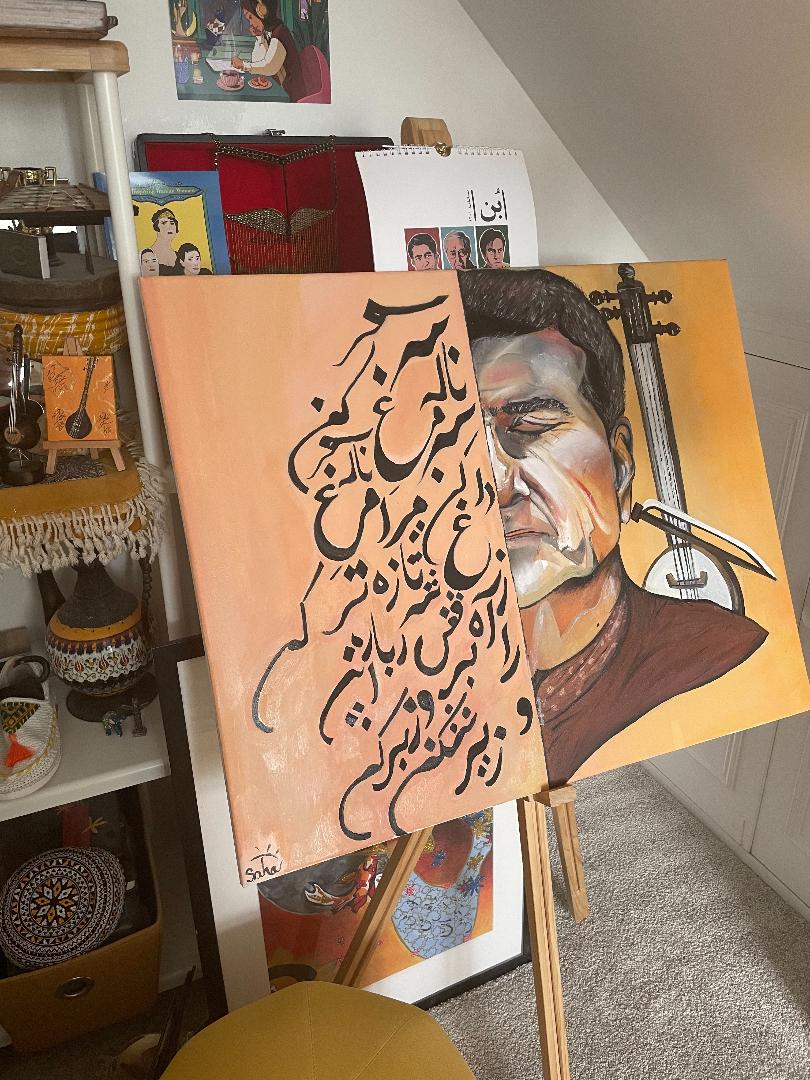 A painting: the right half of the painting is a man's face and a stringed instrument, while on the right there are black Iranian colours against an orange background.
