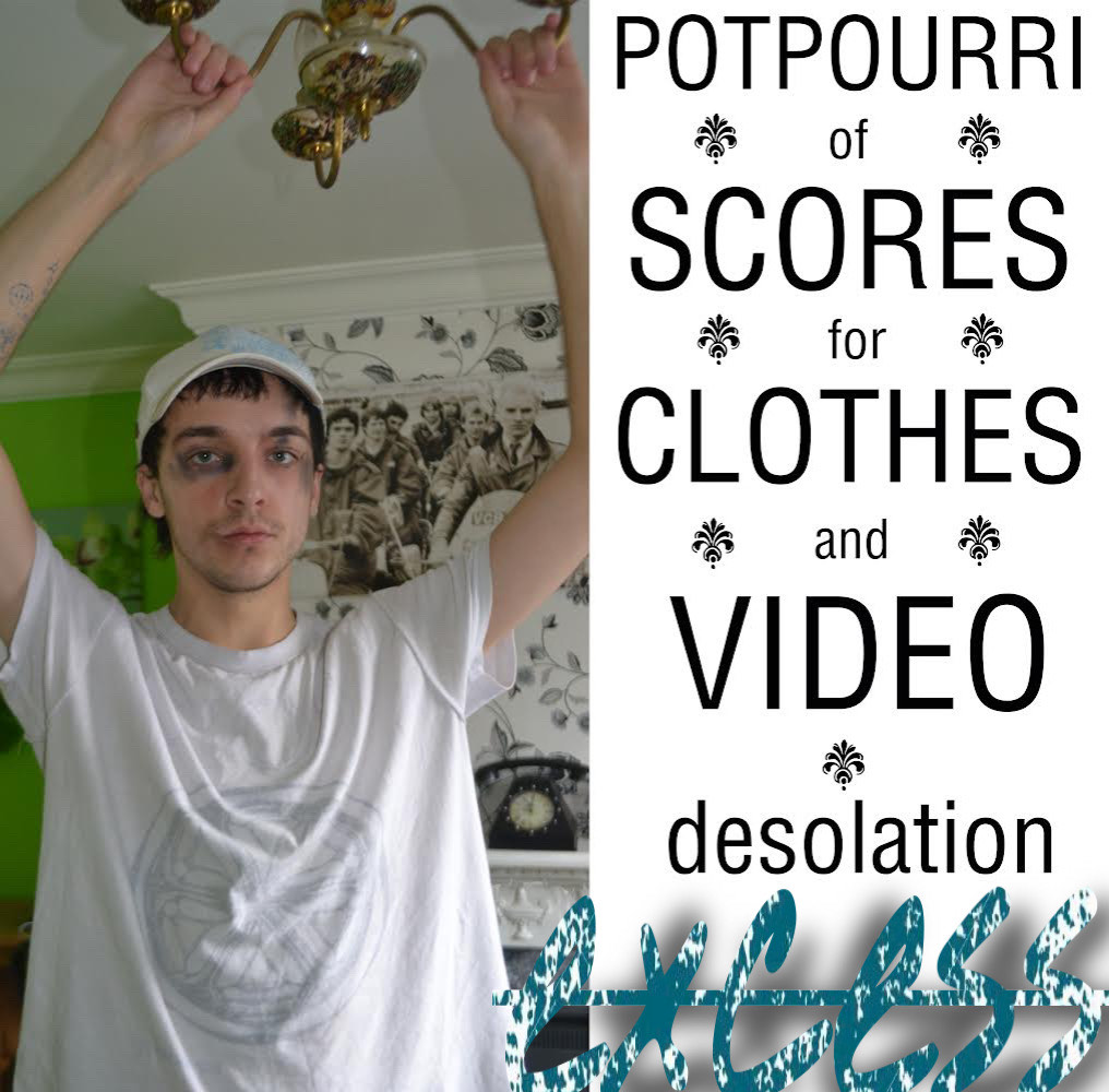 An image of a person holding onto a chandelier, next to the words 'Potpourri of scores for clothes and video desolation excess'.