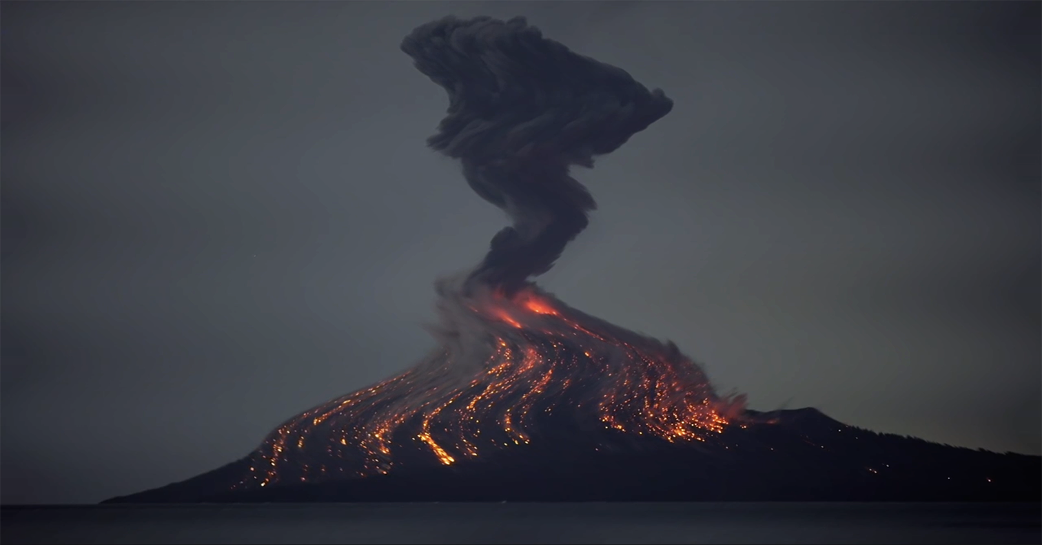 A warped image of a volcano erupting.