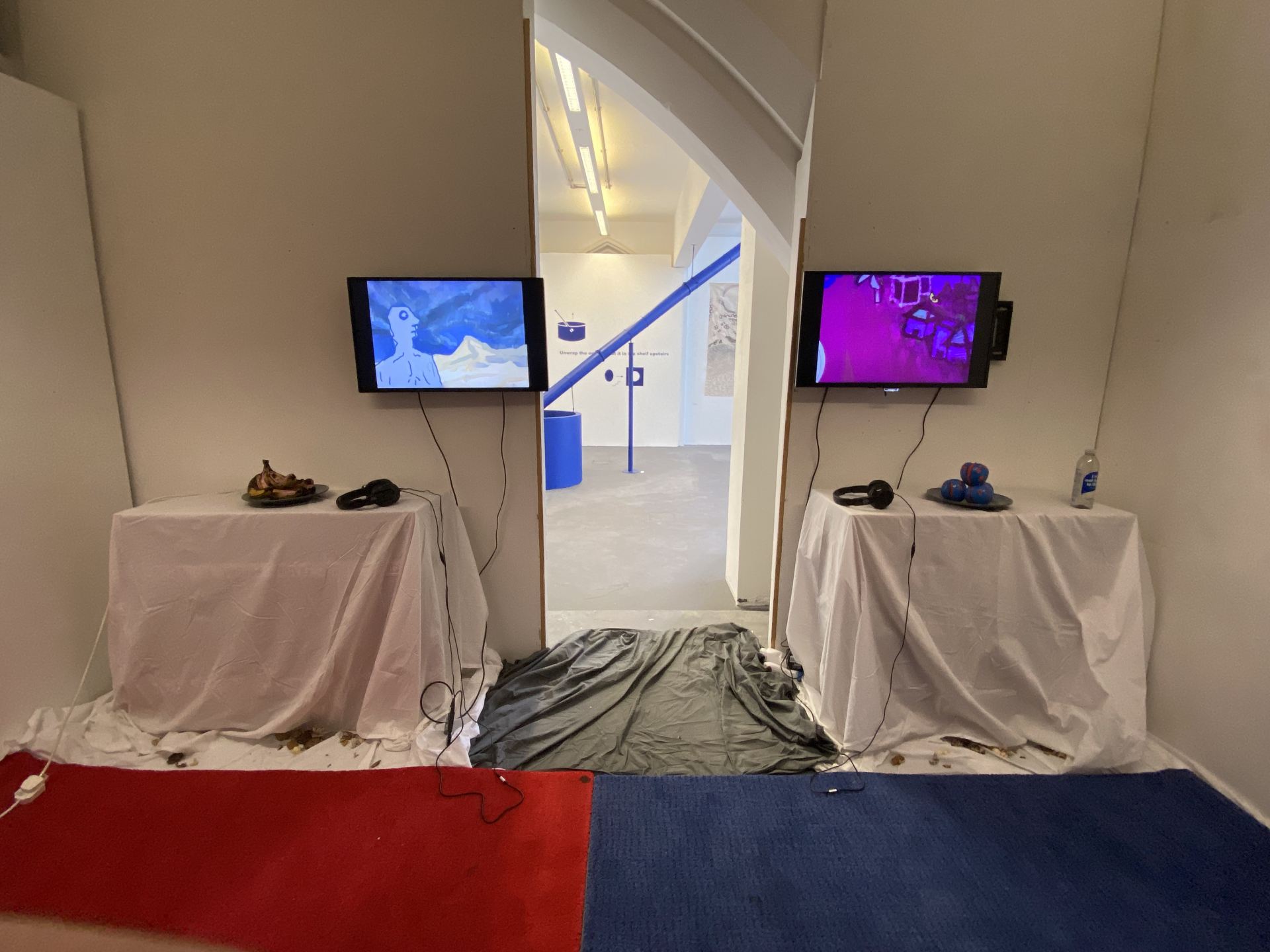 Documentation of an installation with a split red and blue carpet, with two screens on the wall showing video work.