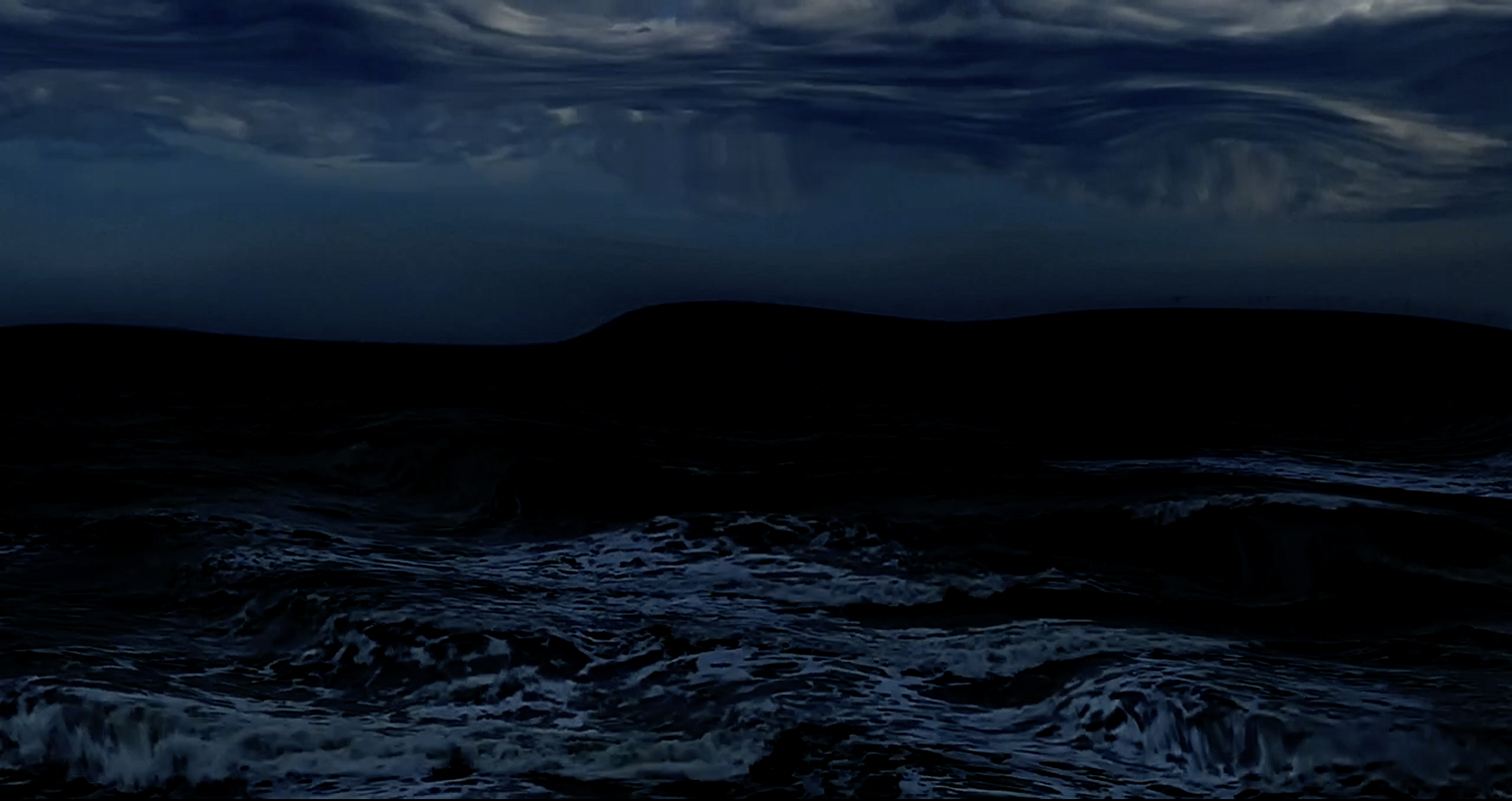 A warped photograph of a darkened ocean.