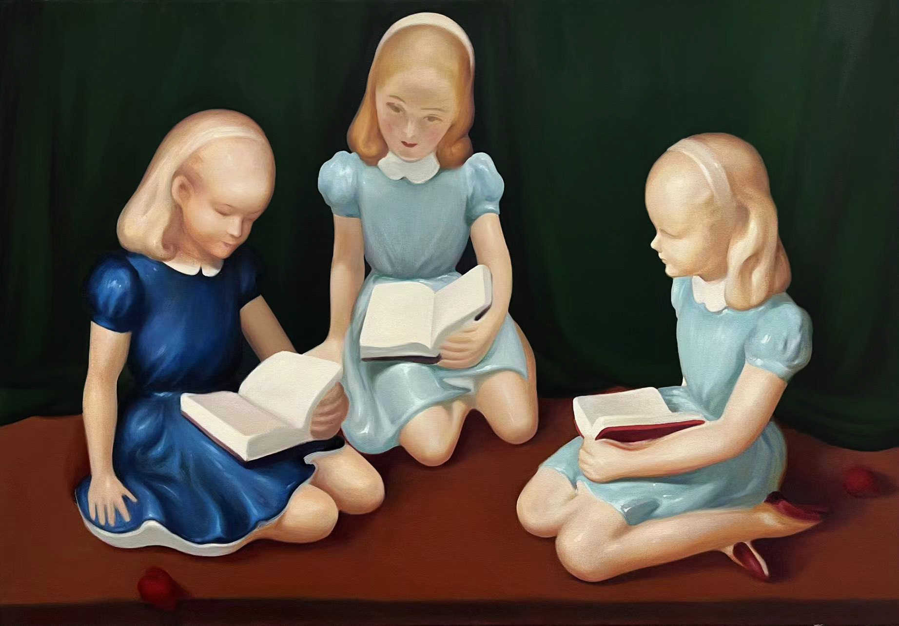 An oil painting of three girls in blue dresses.