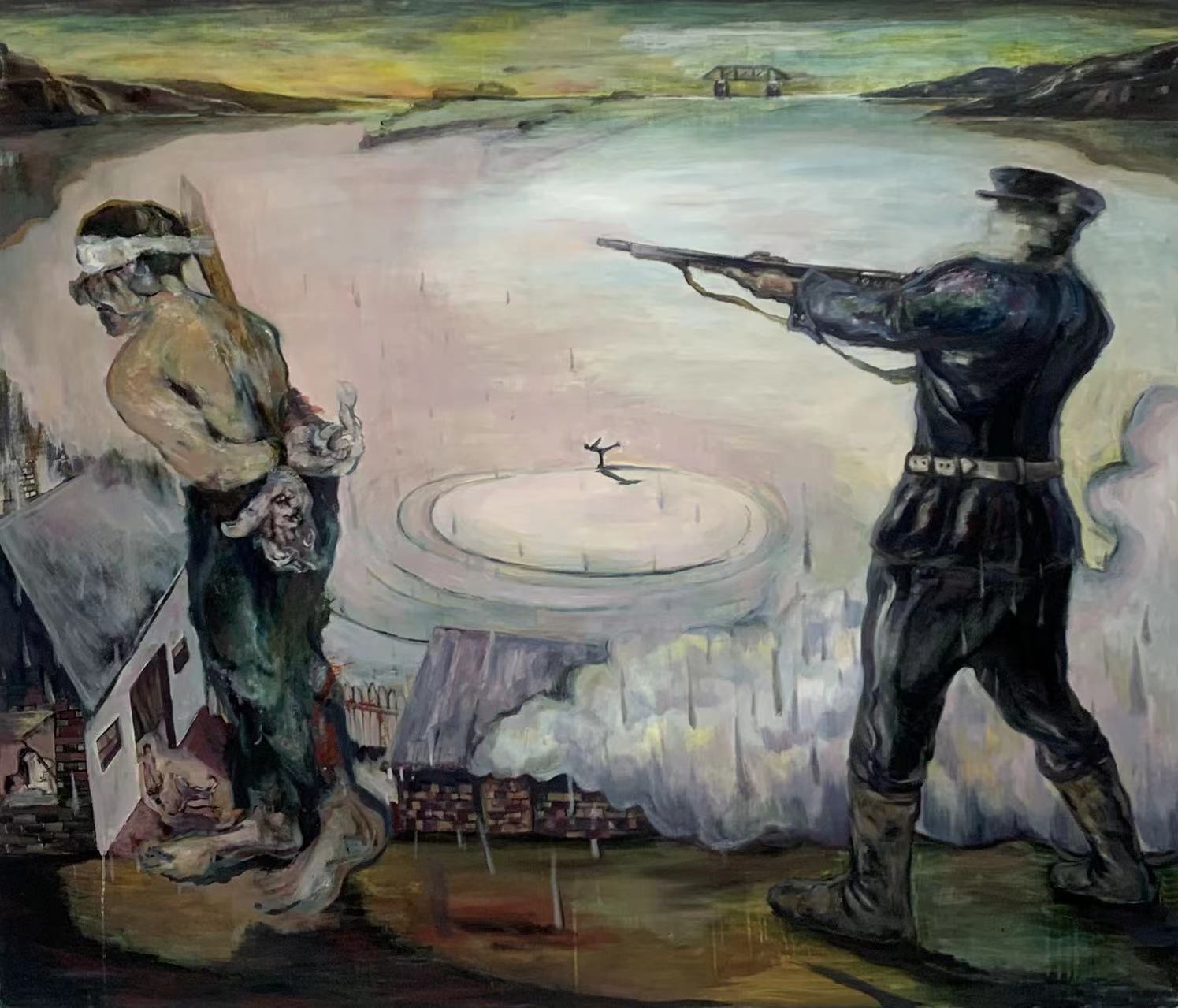 An oil painting of a soldier and a hostage.