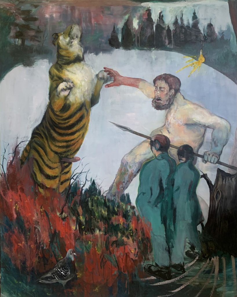 An oil painting of a man about to stab a tiger in a fire.